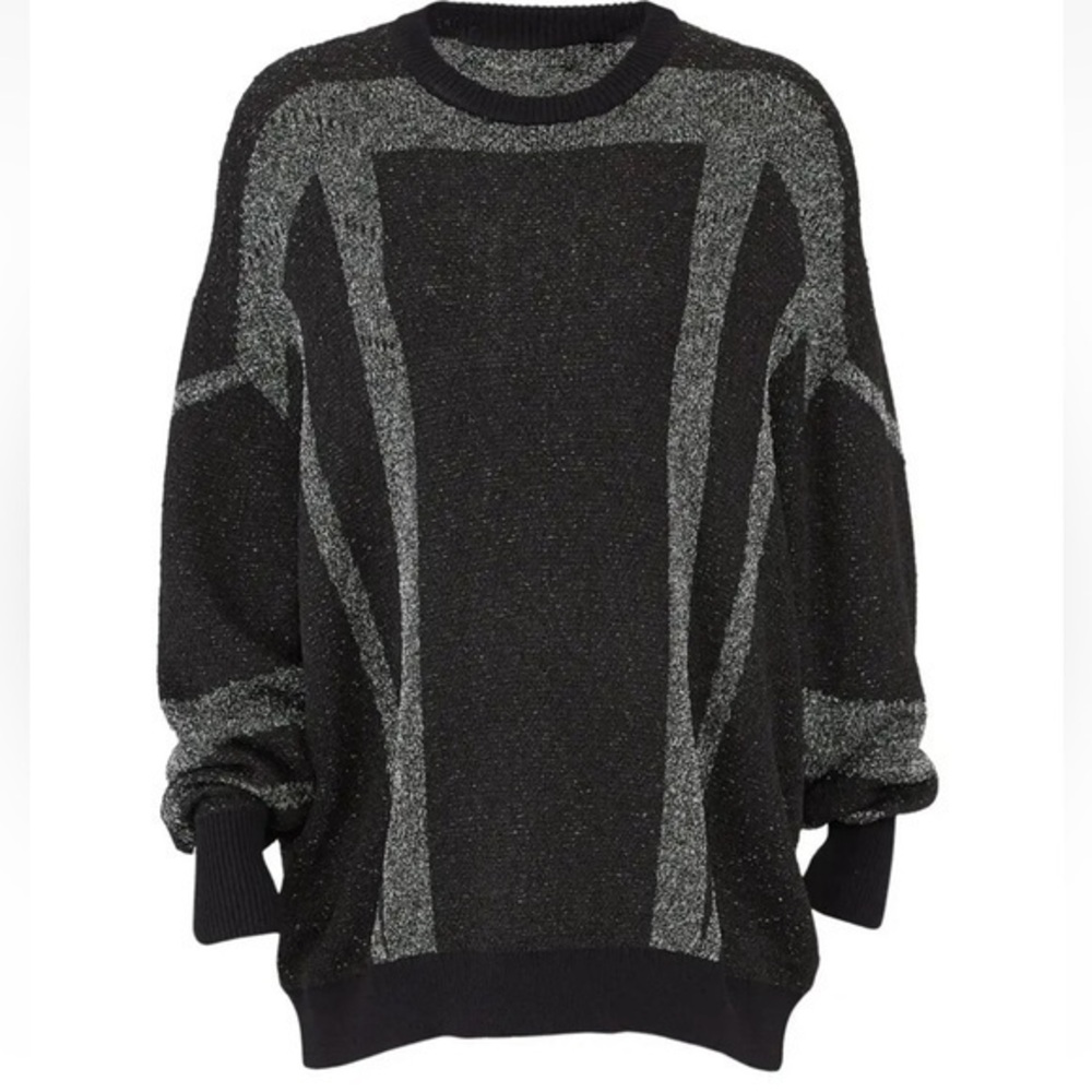 IRO Dock Lurex Metallic Oversized Silver and Black Graphic Tunic Sweater Small